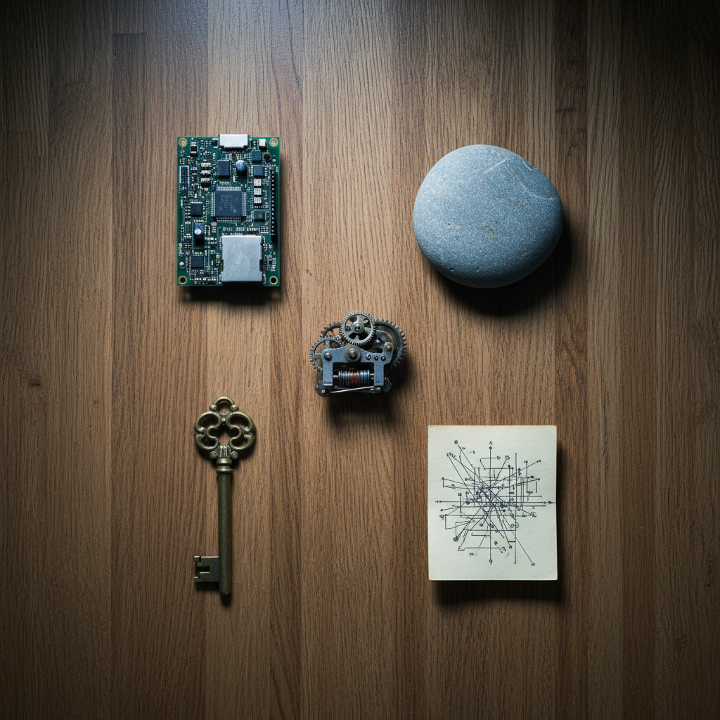 On a large oak table, a meticulously arranged grid of everyday objects suggests different domains of knowledge: a metallic circuit board, a smooth river stone, a vintage brass key, a folded map-like sheet covered in abstract lines, and a small mechanical gear assembly. Each item is spaced with gallery-like precision. Cool, diffused studio lighting from above creates crisp but soft-edged shadows, highlighting textures — brushed metal, matte paper, polished wood. Shot from a bird’s-eye view with sharp focus throughout, the composition feels like a visual index of ideas. The photographic realism and muted color palette convey a calm, analytical, and sophisticated atmosphere suited for an editorial magazine about society, technology, and human behavior.