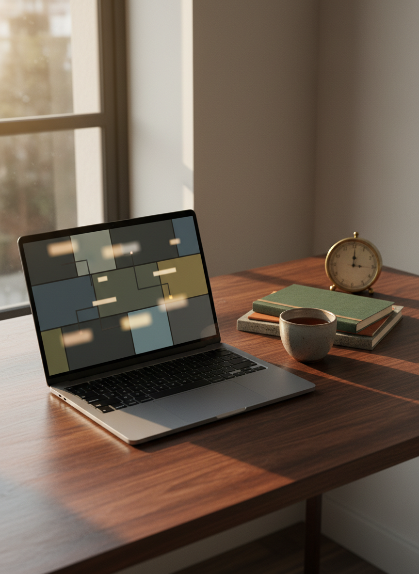 A sleek, dark wooden desk holds a single open laptop displaying an abstract interface made of muted geometric panels and blurred blocks of light, hinting at complex ideas without readable text. Beside it, a stack of well-worn notebooks with textured covers, a ceramic cup of tea, and a small analog clock form a quiet arrangement. Late afternoon window light washes across the surface, creating a soft gradient from bright to shadowed, emphasizing the grain of the wood. Captured at eye level with a balanced composition, the laptop screen glows gently without dominating the frame. The photographic image feels thoughtful and modern, evoking a digital editorial workspace built for long-form reflection rather than breaking news.
