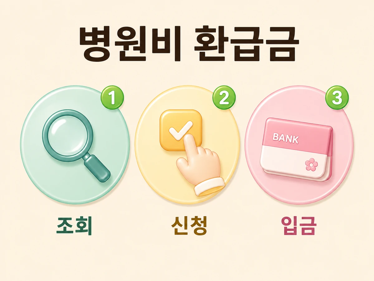 병원비 환급금 조회·신청·입금 3단계를 나타낸 일러스트