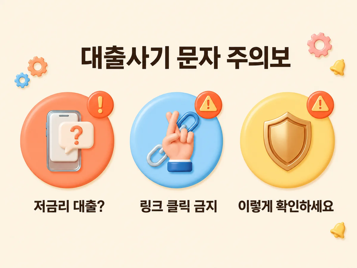저금리 대출 문자가 사기인지 확인하는 방법, 링크 클릭 금지와 확인 절차를 보여주는 주의보 이미지