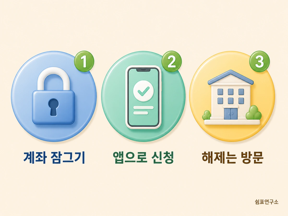 국민연금 계좌변경 안심차단 신청 절차를 잠그기, 앱 신청, 지사 방문 세 단계로 정리한 일러스트