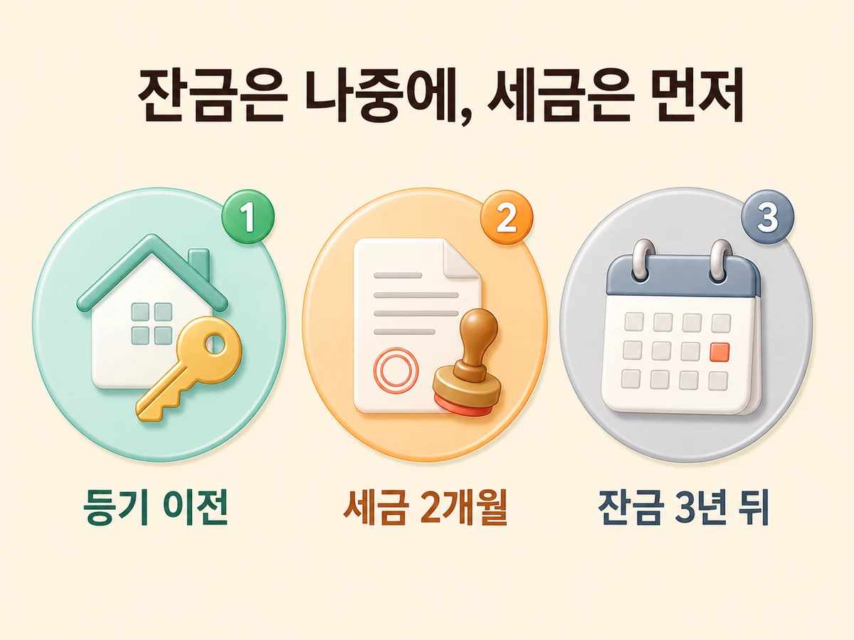 집주인 대출로 집을 팔 때 등기 이전, 양도세 납부, 잔금 수령 시점을 비교한 그림