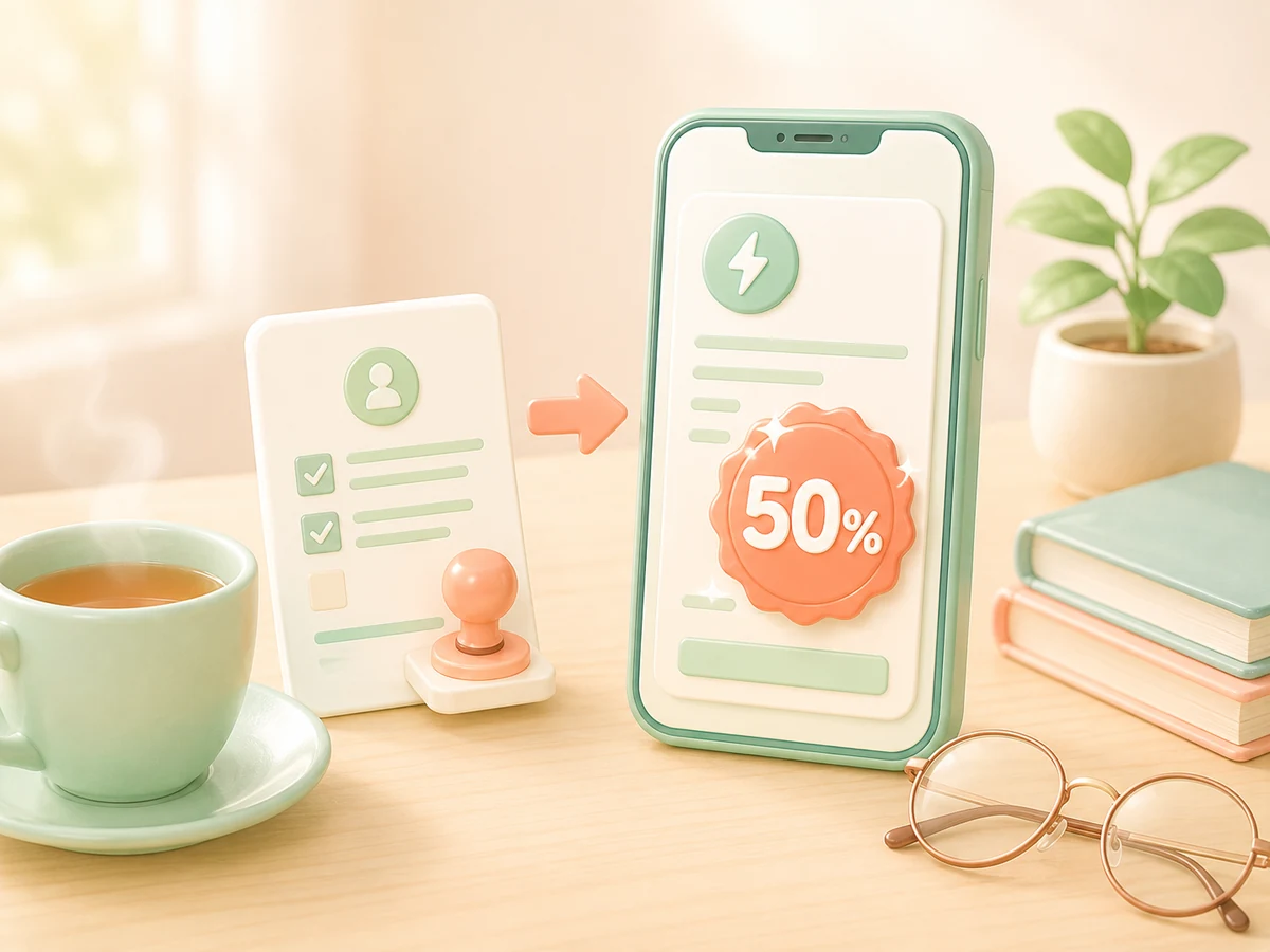 신청서와 도장, 50% 할인 도장이 찍힌 휴대폰 화면을 화살표로 연결한 일러스트