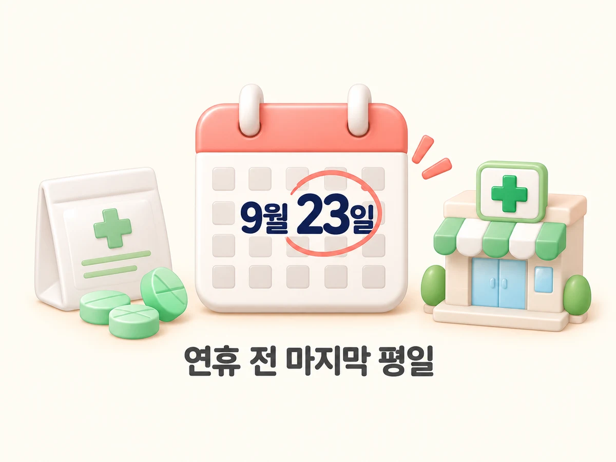 9월 23일에 동그라미가 표시된 달력과 처방전·알약, 약국 건물 아이콘이 함께 놓인 그림. 아래에 '연휴 전 마지막 평일'이라고 적혀 있다.